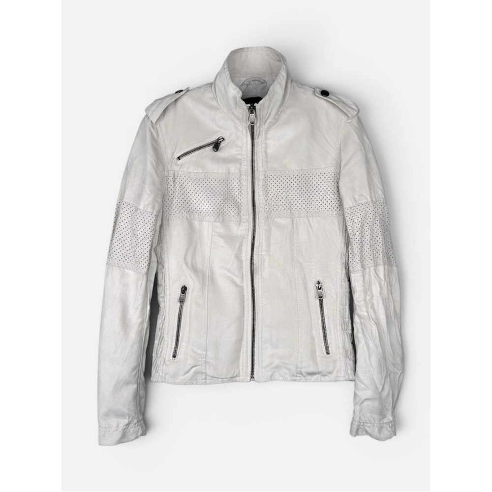 Vintage‎ 00s Ellus Perforated Faux Suede Moto Jacket Off White S Y2K Bikercore